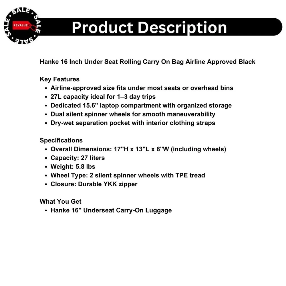 Hanke 16 Inch Under Seat Rolling Carry On Bag Airline Approved Black